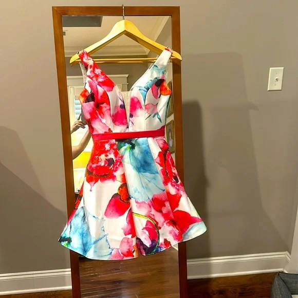 Abby Paris | Dresses | Abby Paris Pink And Blue Floral Homecoming Cocktail  Dress With Rhinestones Back | Poshmark